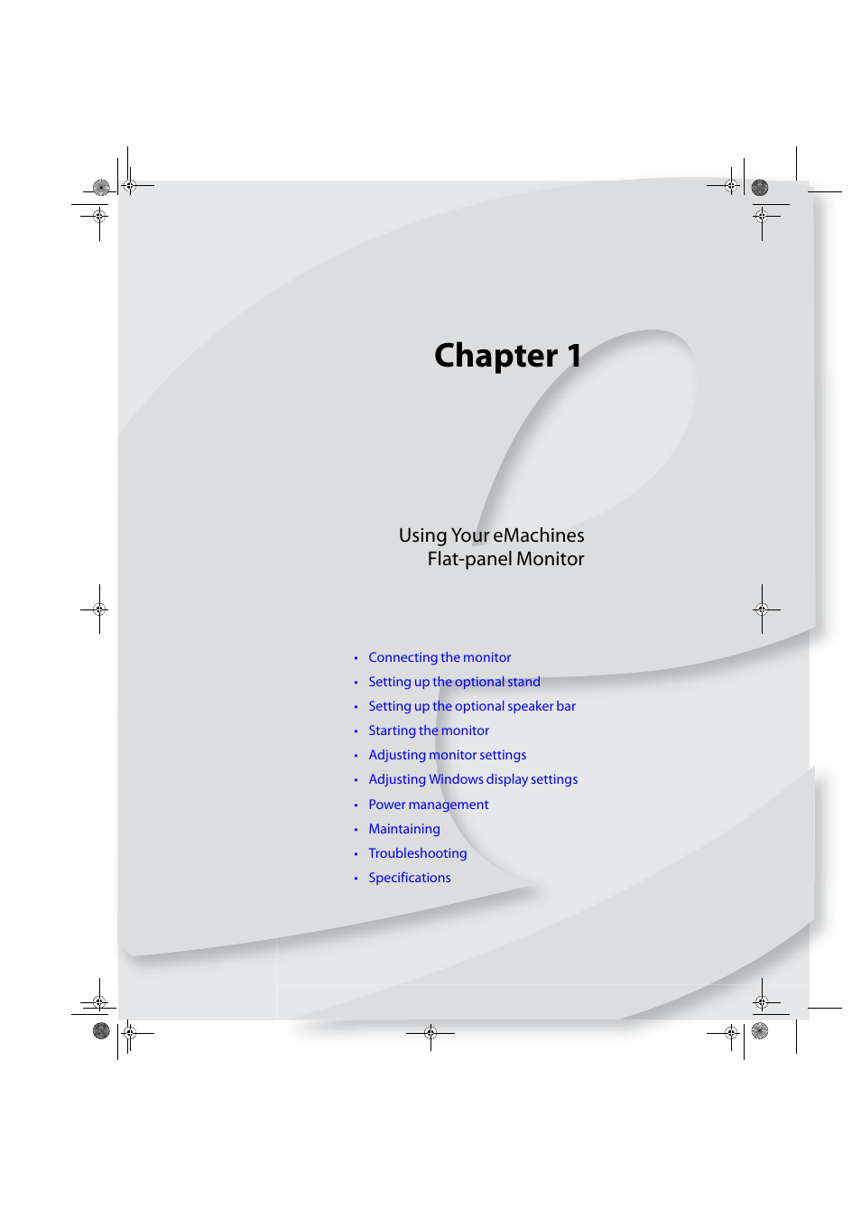 Using your emachines flat-panel monitor, Chapter 1, Using your emachine s flat-panel monitor | eMachines E17T4W User Manual | Page 5 / 36