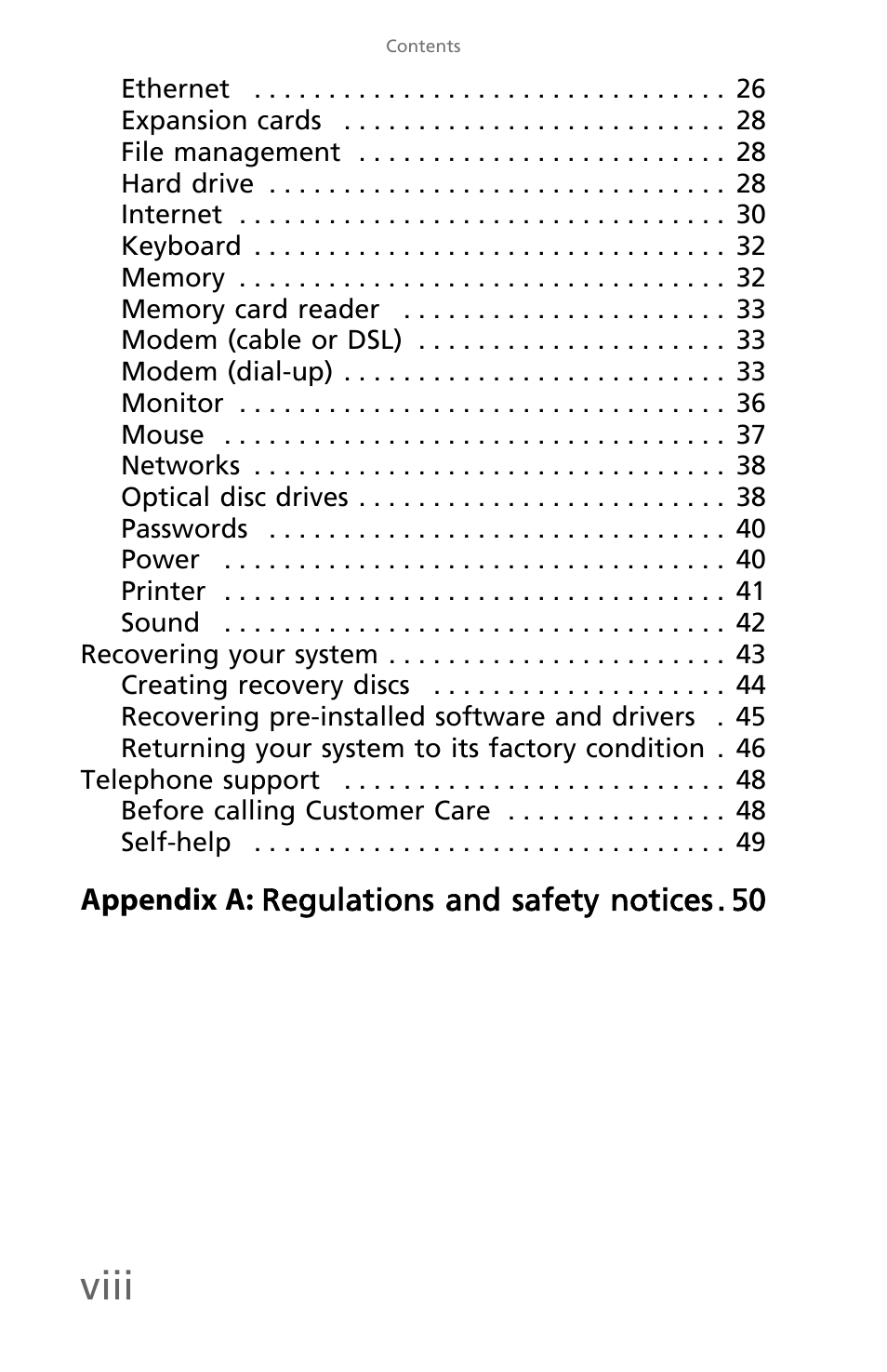 Viii, Appendix a: regulations and safety notices . 50 | eMachines EM001 User Manual | Page 10 / 69