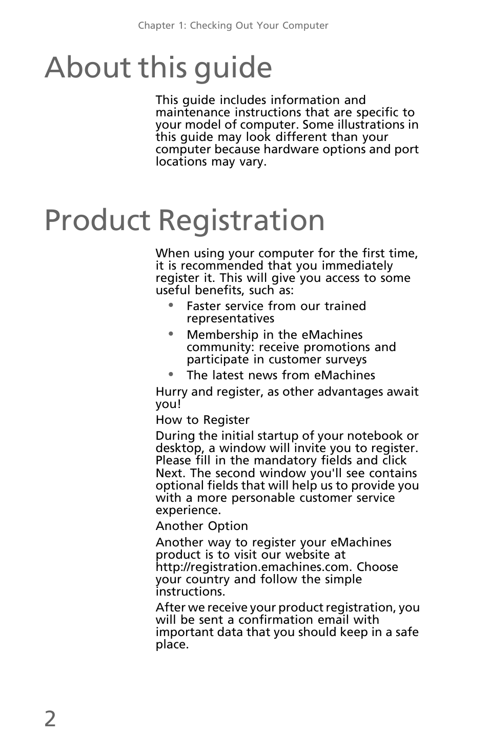 About this guide, Product registration | eMachines EM001 User Manual | Page 12 / 69