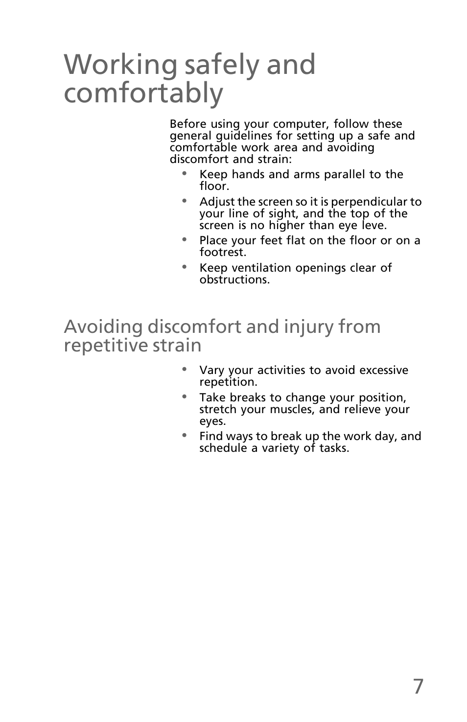 Working safely and comfortably, Avoiding discomfort and injury from repetitive, Strain | eMachines EM001 User Manual | Page 17 / 69