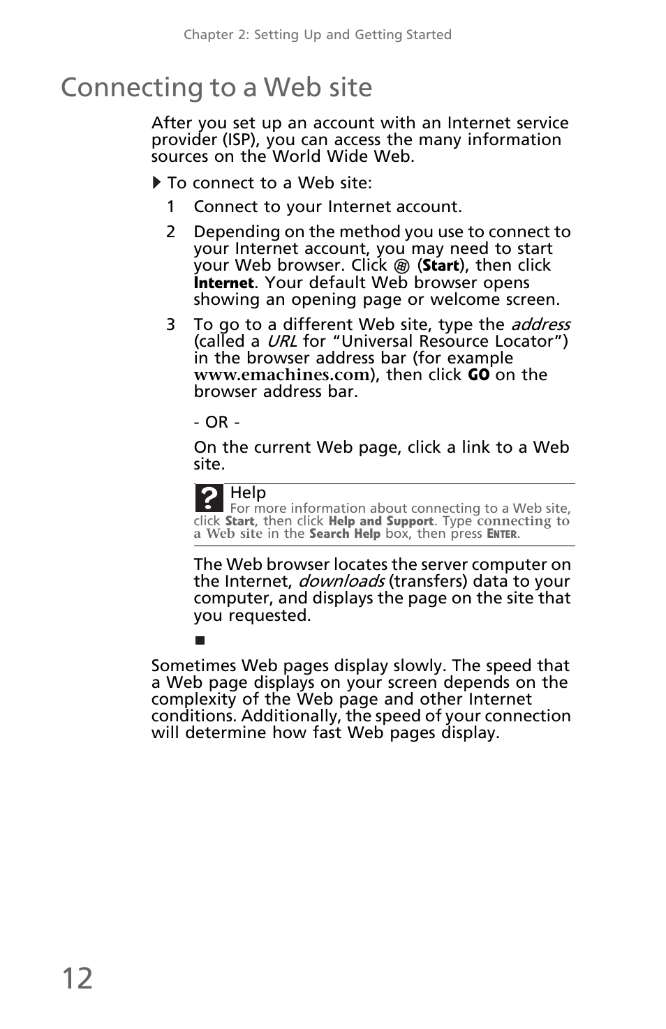 Connecting to a web site, To connect to a web site | eMachines EM001 User Manual | Page 22 / 69