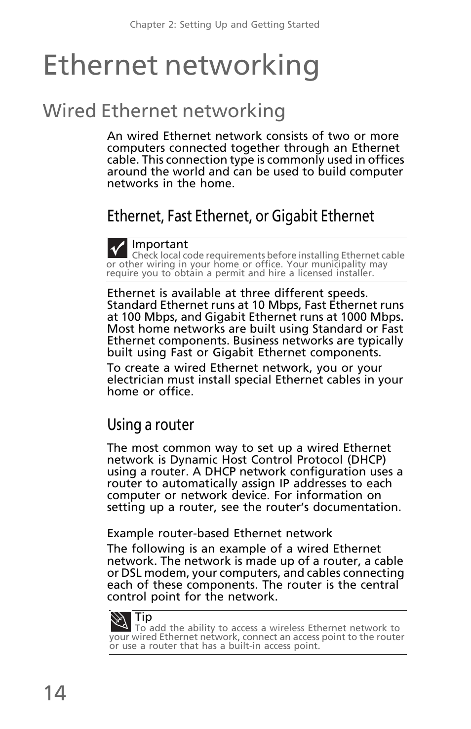 Ethernet networking, Wired ethernet networking, Ethernet, fast ethernet, or gigabit ethernet | Using a router, Example router-based ethernet network | eMachines EM001 User Manual | Page 24 / 69