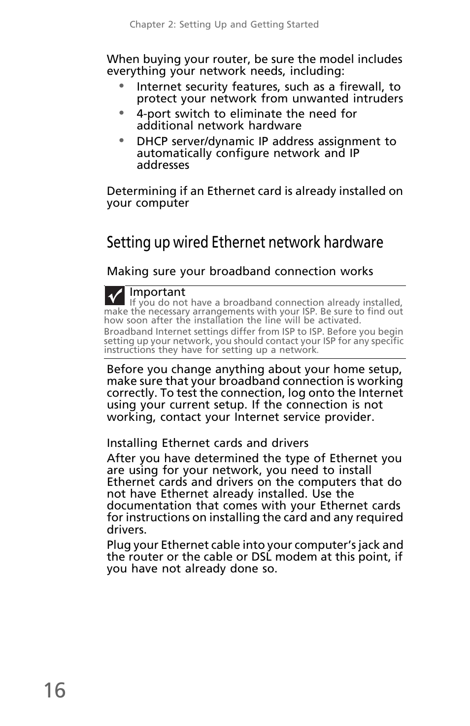 Setting up wired ethernet network hardware, Making sure your broadband connection works, Installing ethernet cards and drivers | eMachines EM001 User Manual | Page 26 / 69