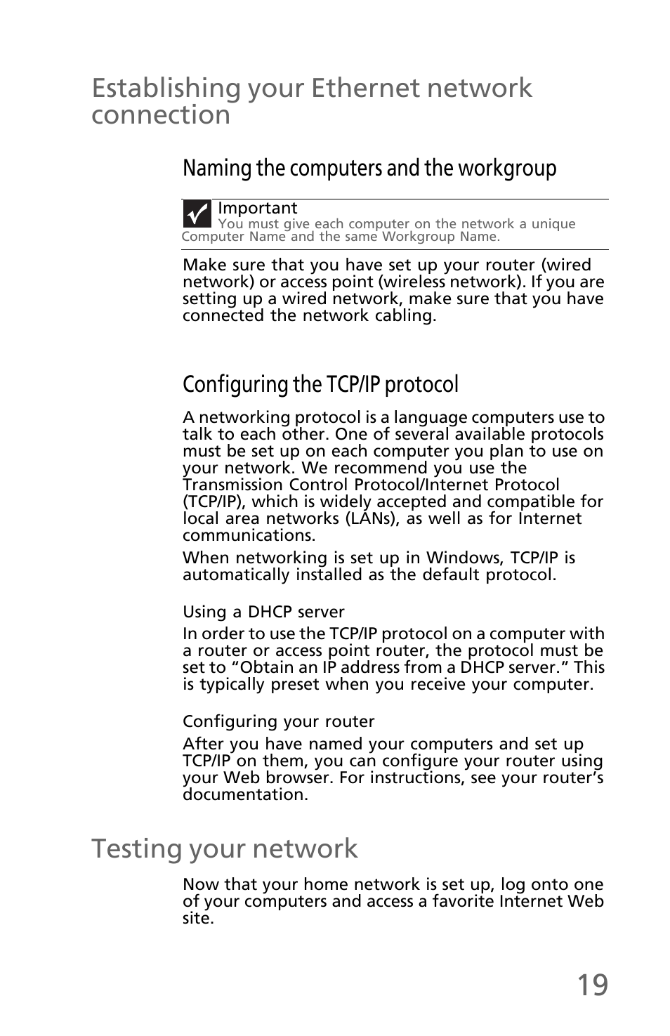 Establishing your ethernet network connection, Naming the computers and the workgroup, Configuring the tcp/ip protocol | Using a dhcp server, Configuring your router, Testing your network, Establishing your ethernet network connection 19 | eMachines EM001 User Manual | Page 29 / 69