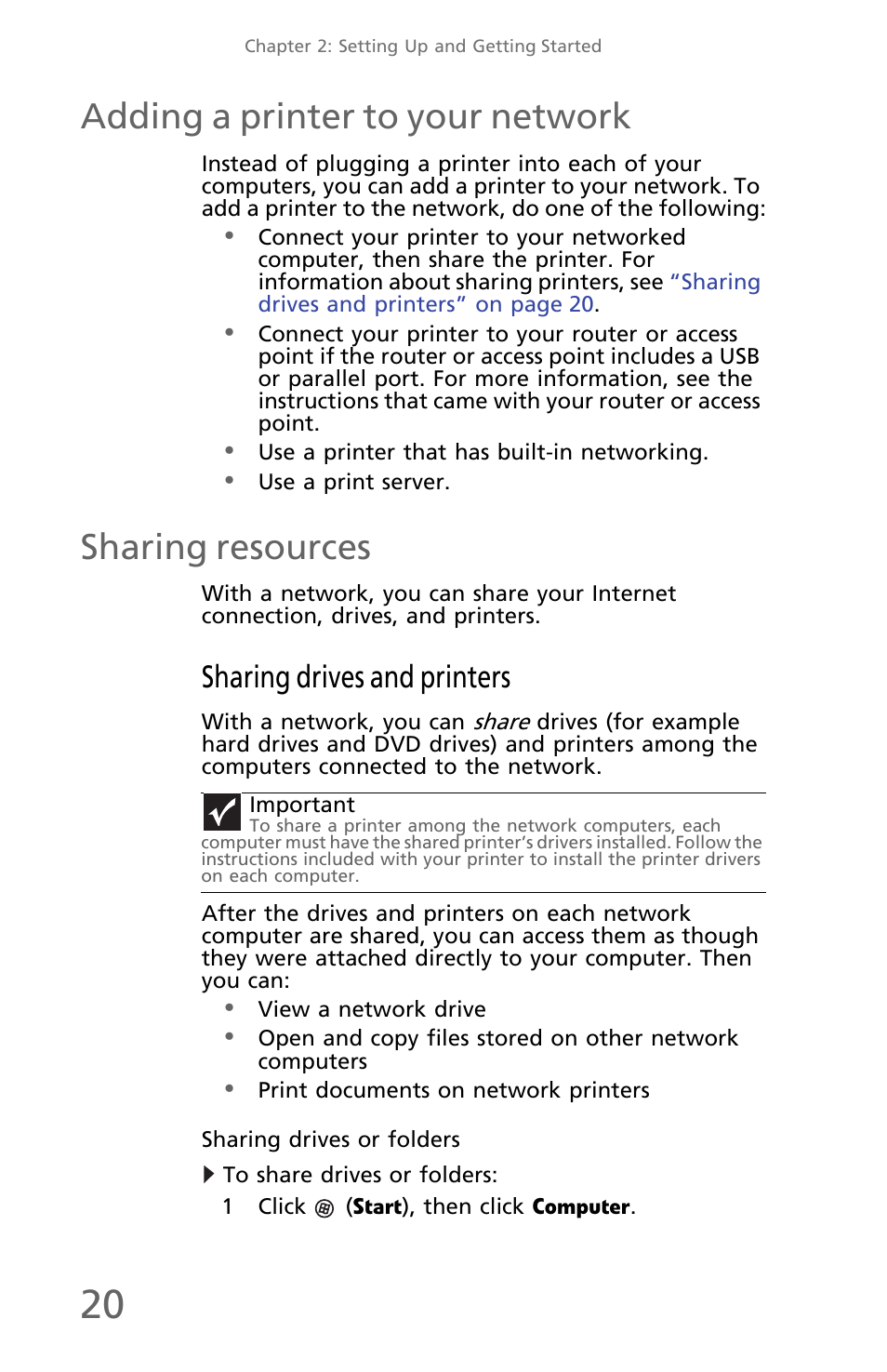 Adding a printer to your network, Sharing resources, Sharing drives and printers | Sharing drives or folders, To share drives or folders | eMachines EM001 User Manual | Page 30 / 69