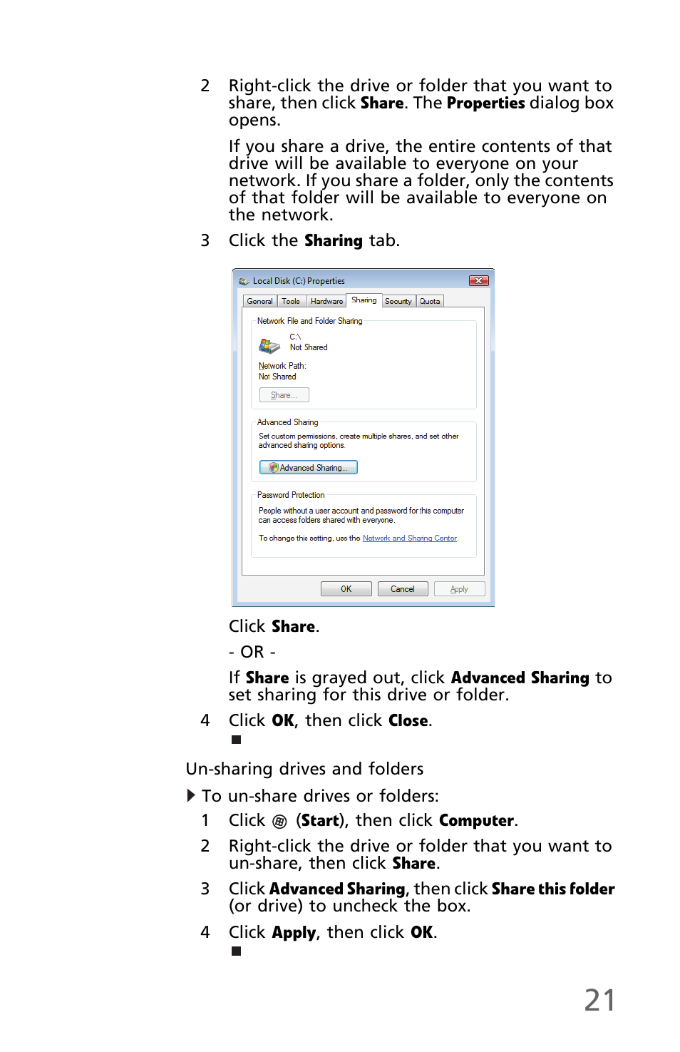 Un-sharing drives and folders, To un-share drives or folders | eMachines EM001 User Manual | Page 31 / 69