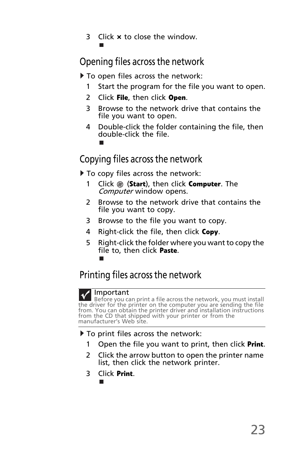 Opening files across the network, To open files across the network, Copying files across the network | To copy files across the network, Printing files across the network, To print files across the network | eMachines EM001 User Manual | Page 33 / 69