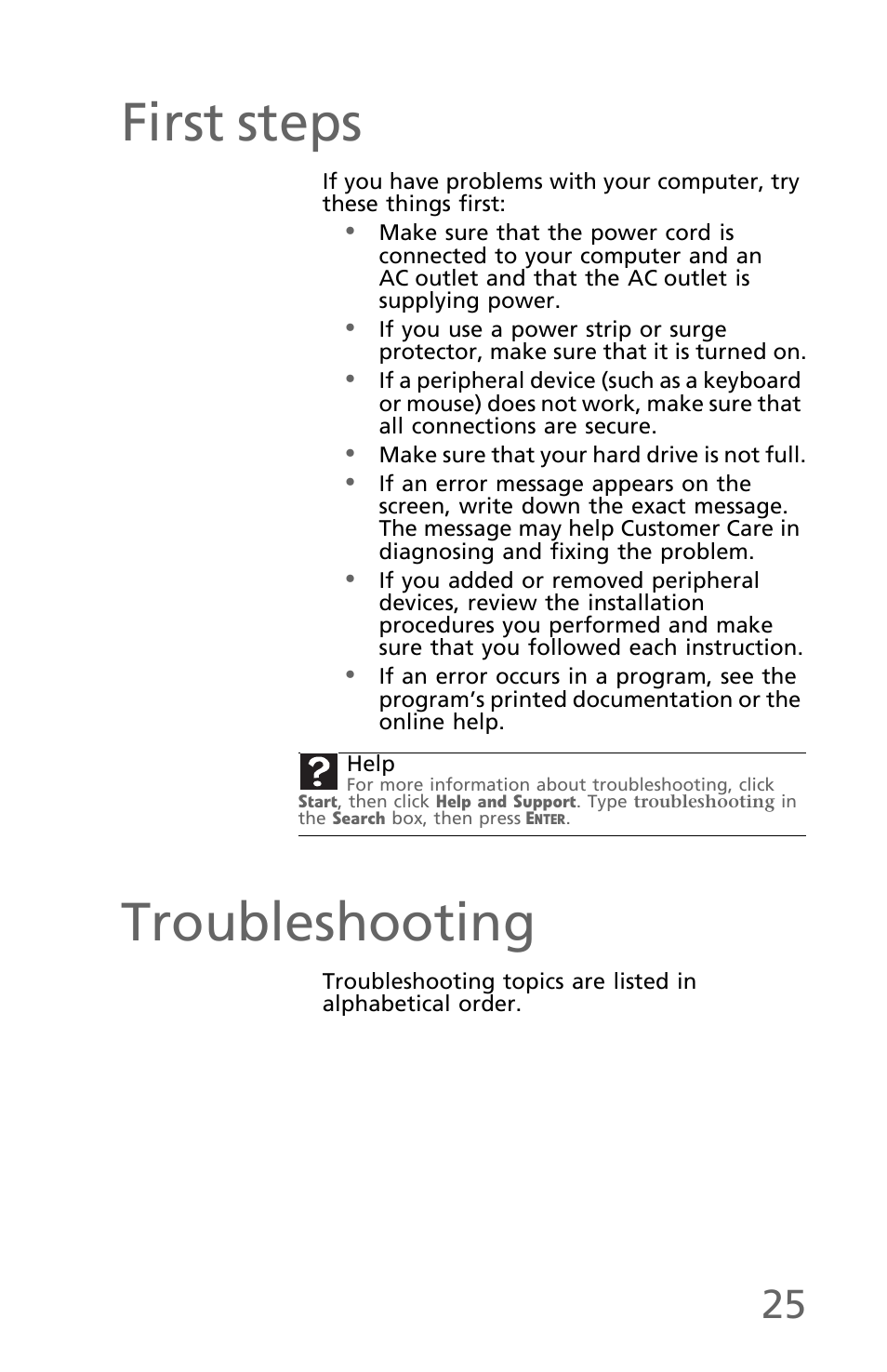 First steps, Troubleshooting | eMachines EM001 User Manual | Page 35 / 69