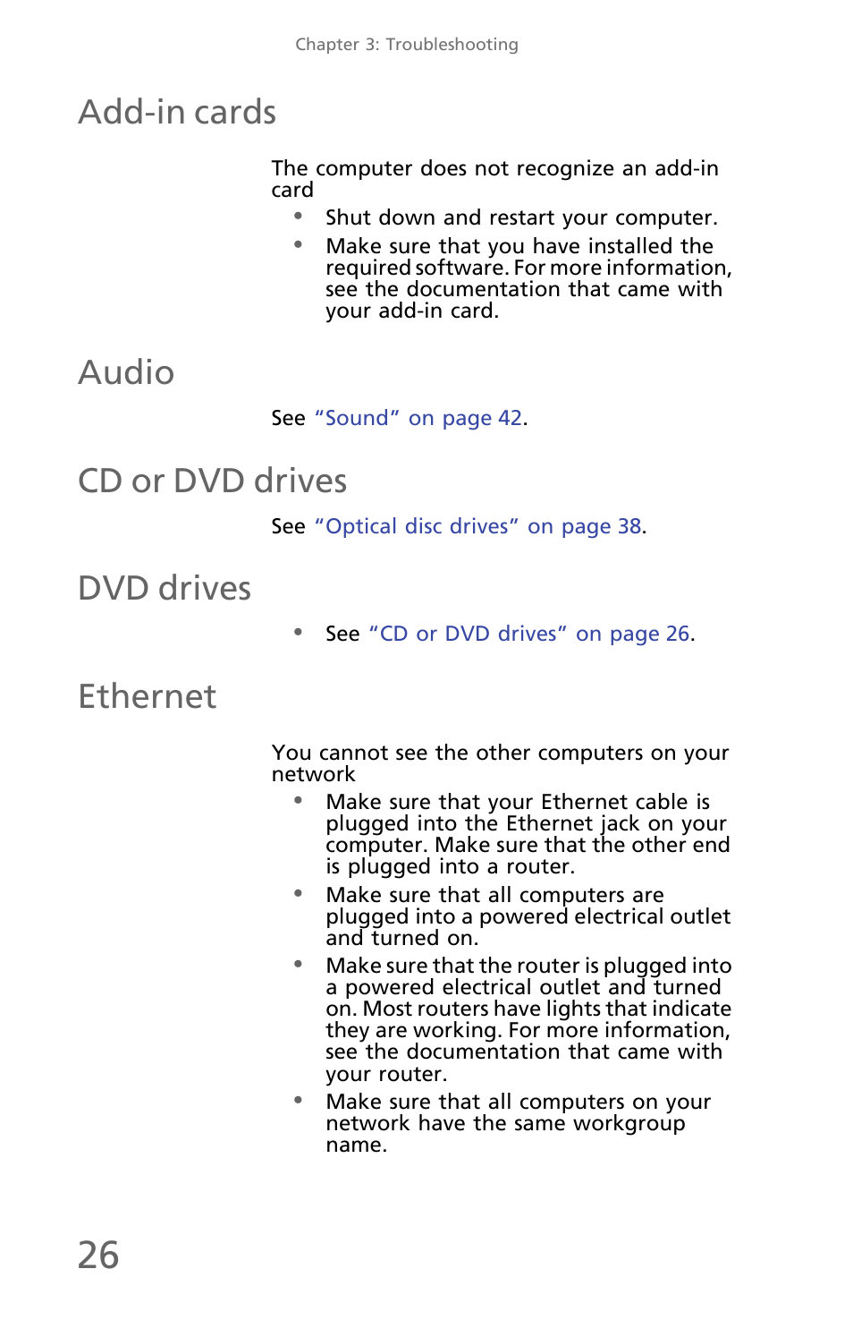 Add-in cards, The computer does not recognize an add-in card, Audio | Cd or dvd drives, Dvd drives, Ethernet, You cannot see the other computers on your network | eMachines EM001 User Manual | Page 36 / 69