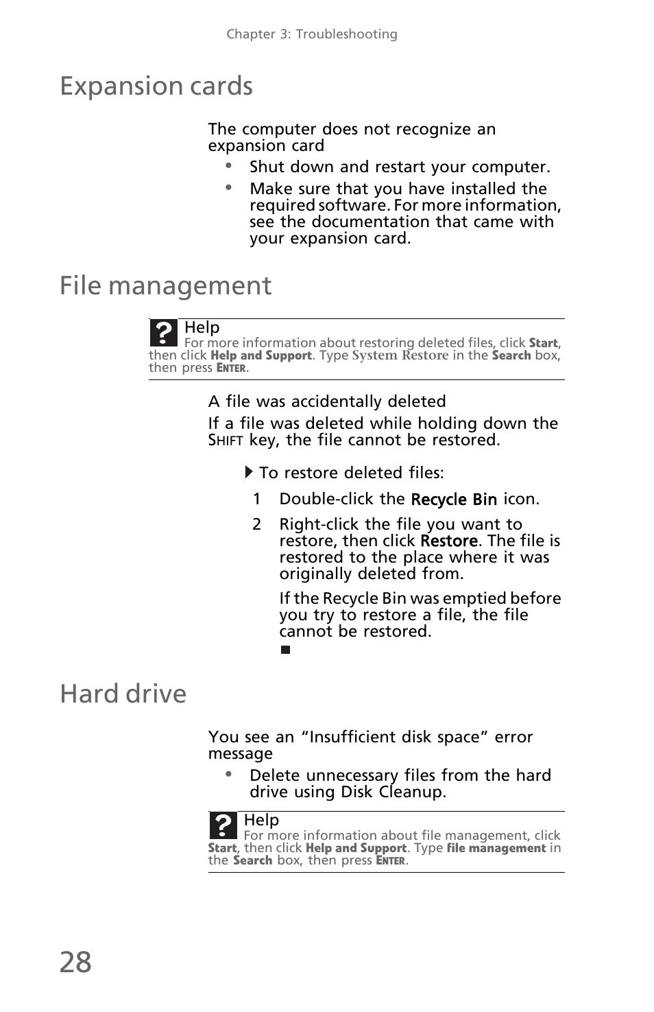 Expansion cards, The computer does not recognize an expansion card, File management | A file was accidentally deleted, To restore deleted files, Hard drive, You see an “insufficient disk space” error message | eMachines EM001 User Manual | Page 38 / 69