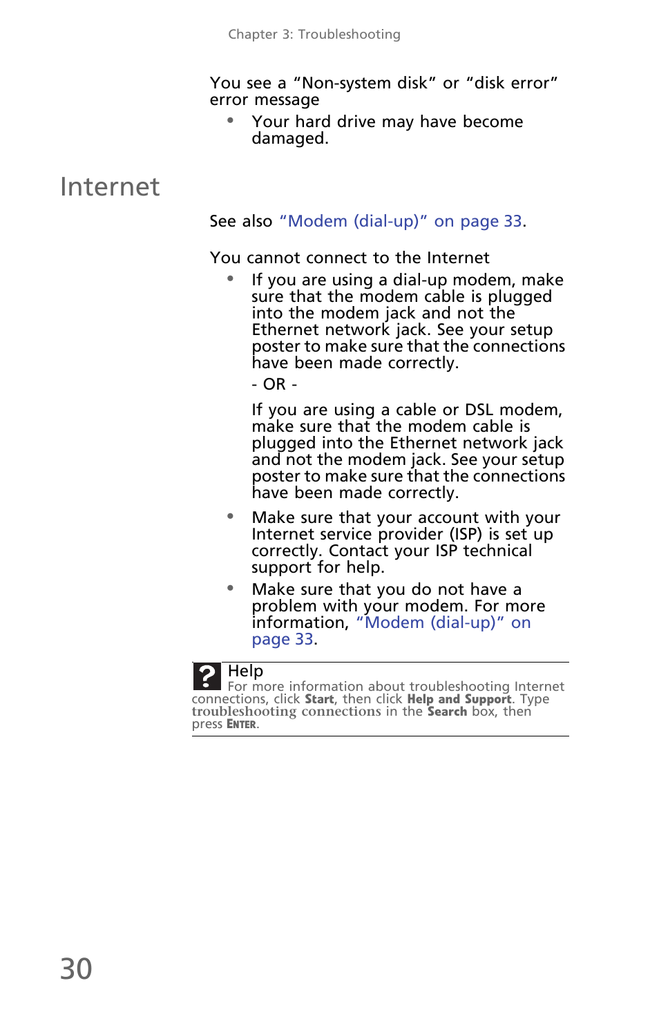 Internet, You cannot connect to the internet | eMachines EM001 User Manual | Page 40 / 69