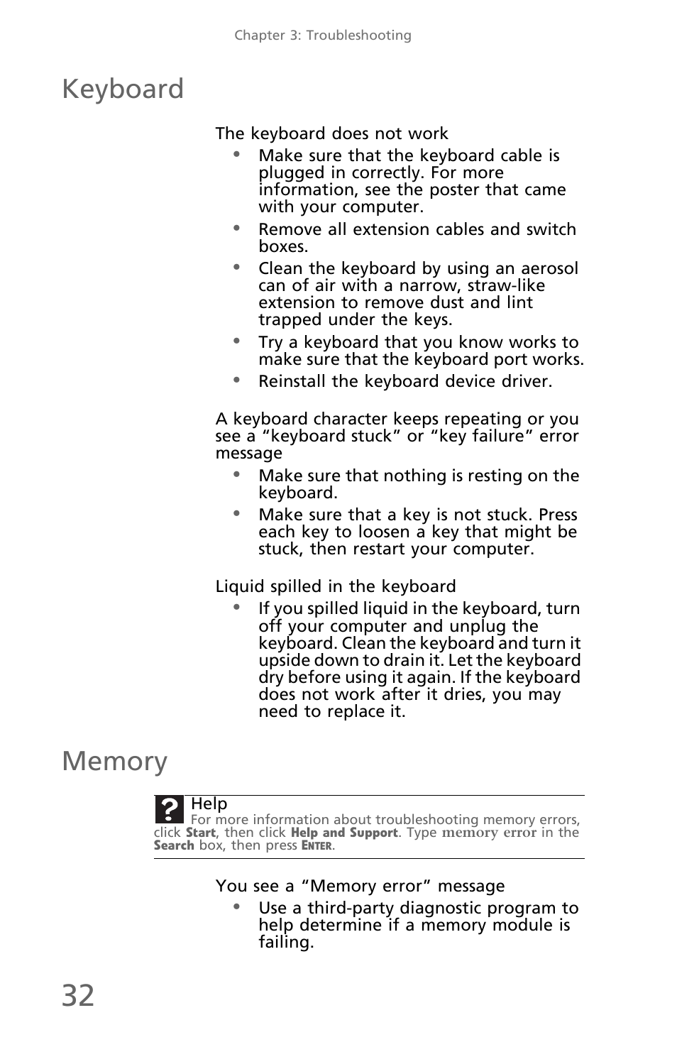 Keyboard, The keyboard does not work, Liquid spilled in the keyboard | Memory, You see a “memory error” message | eMachines EM001 User Manual | Page 42 / 69