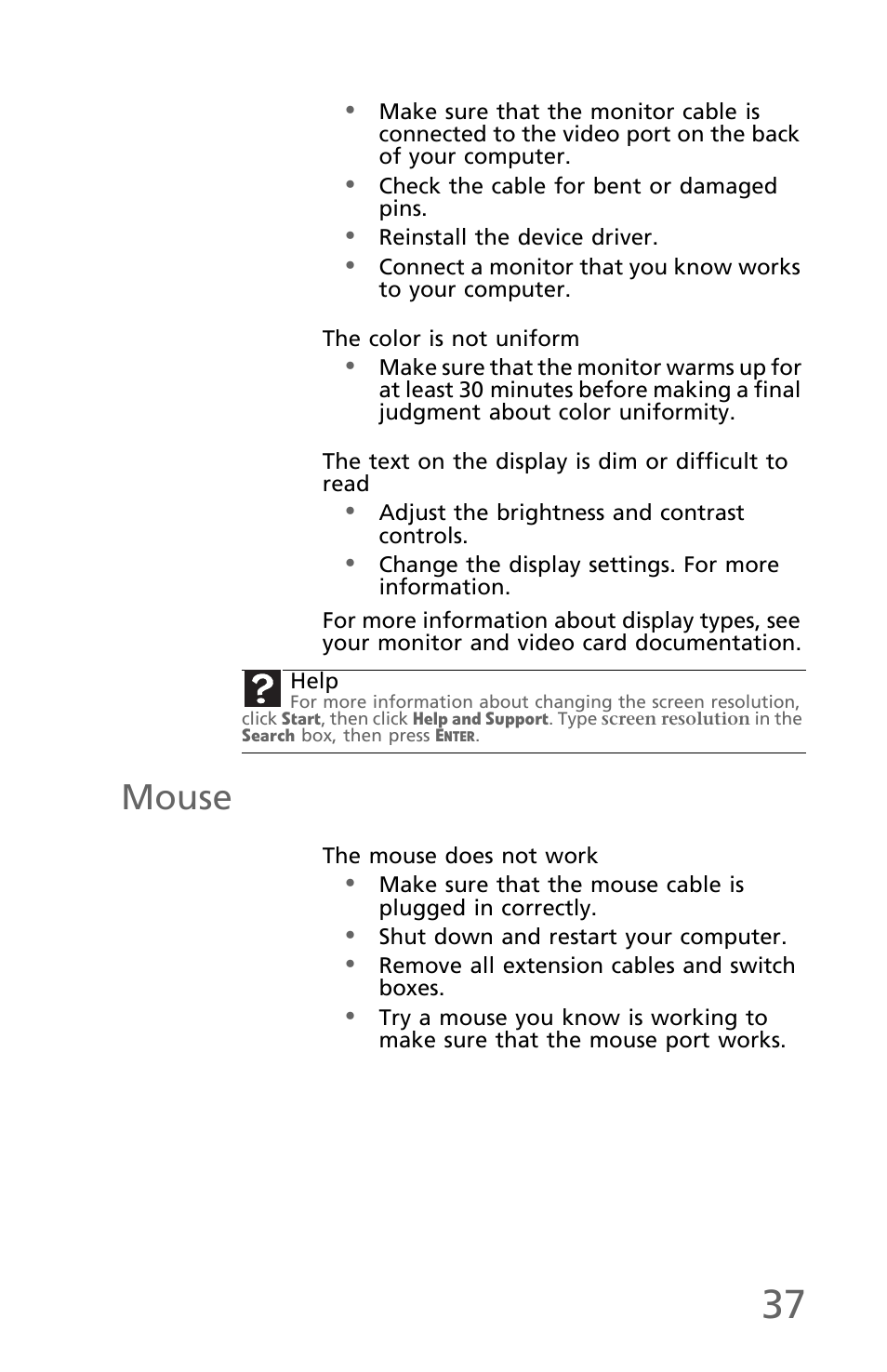 The color is not uniform, Mouse, The mouse does not work | eMachines EM001 User Manual | Page 47 / 69