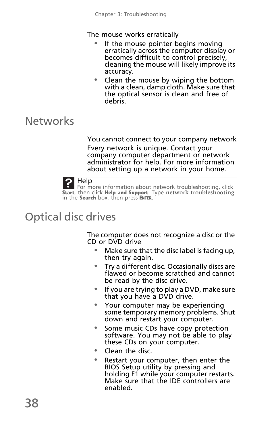 The mouse works erratically, Networks, You cannot connect to your company network | Optical disc drives | eMachines EM001 User Manual | Page 48 / 69