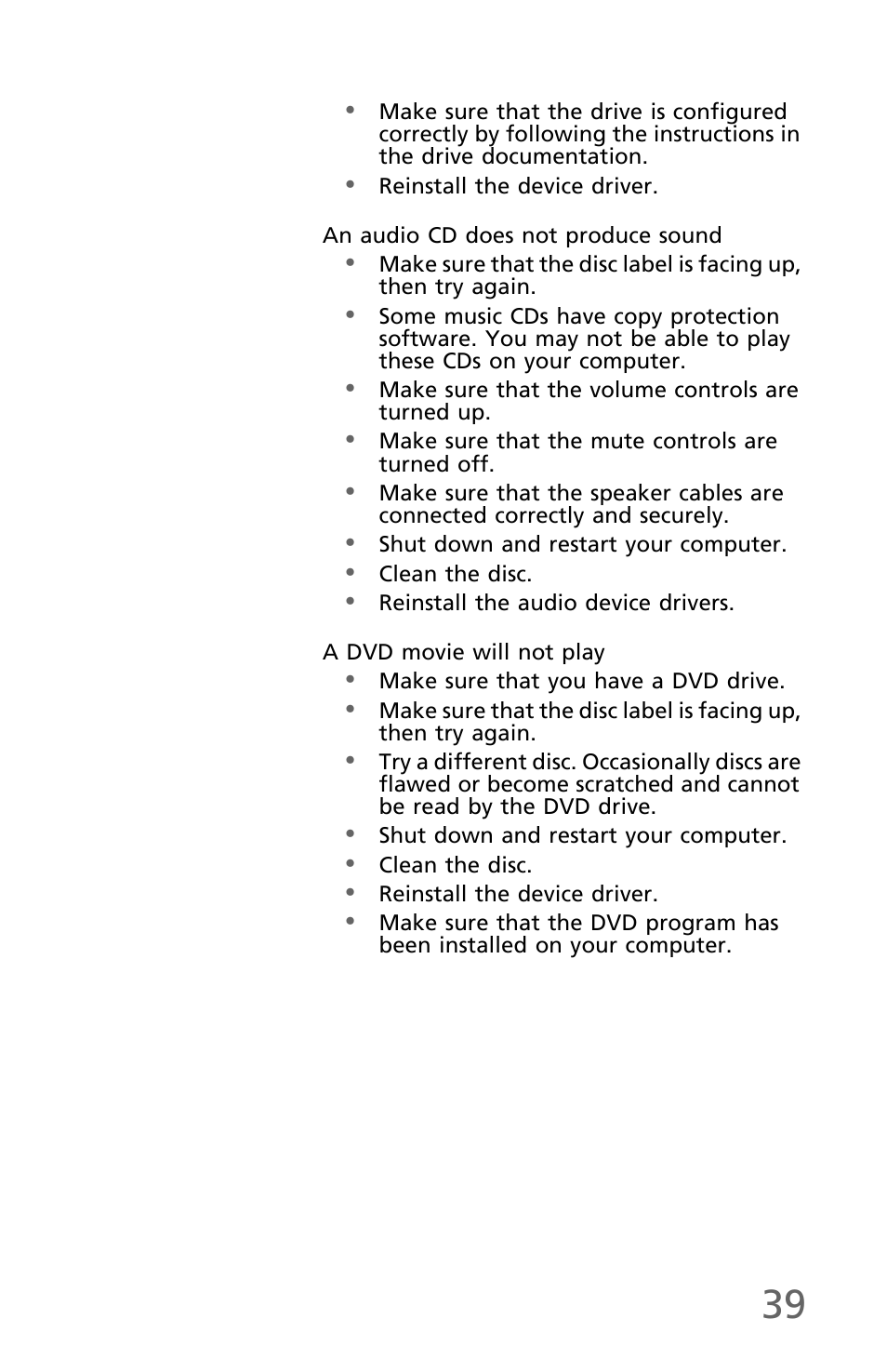 An audio cd does not produce sound, A dvd movie will not play | eMachines EM001 User Manual | Page 49 / 69