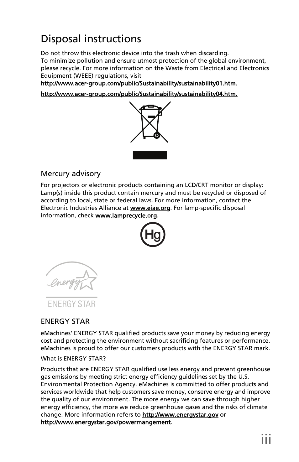 Disposal instructions | eMachines EM001 User Manual | Page 5 / 69