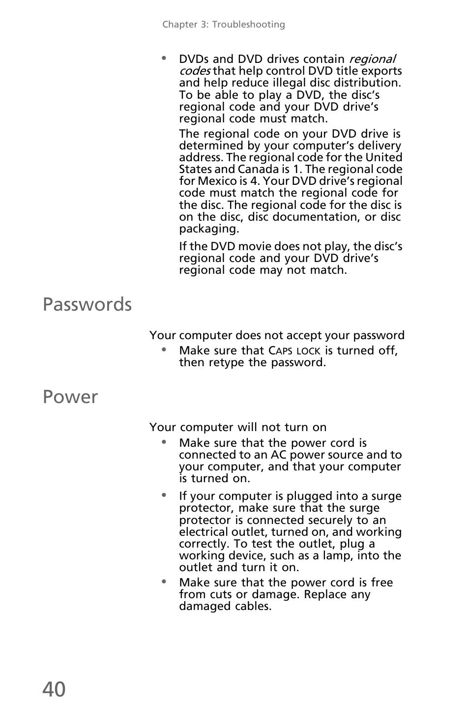 Passwords, Your computer does not accept your password, Power | Your computer will not turn on | eMachines EM001 User Manual | Page 50 / 69