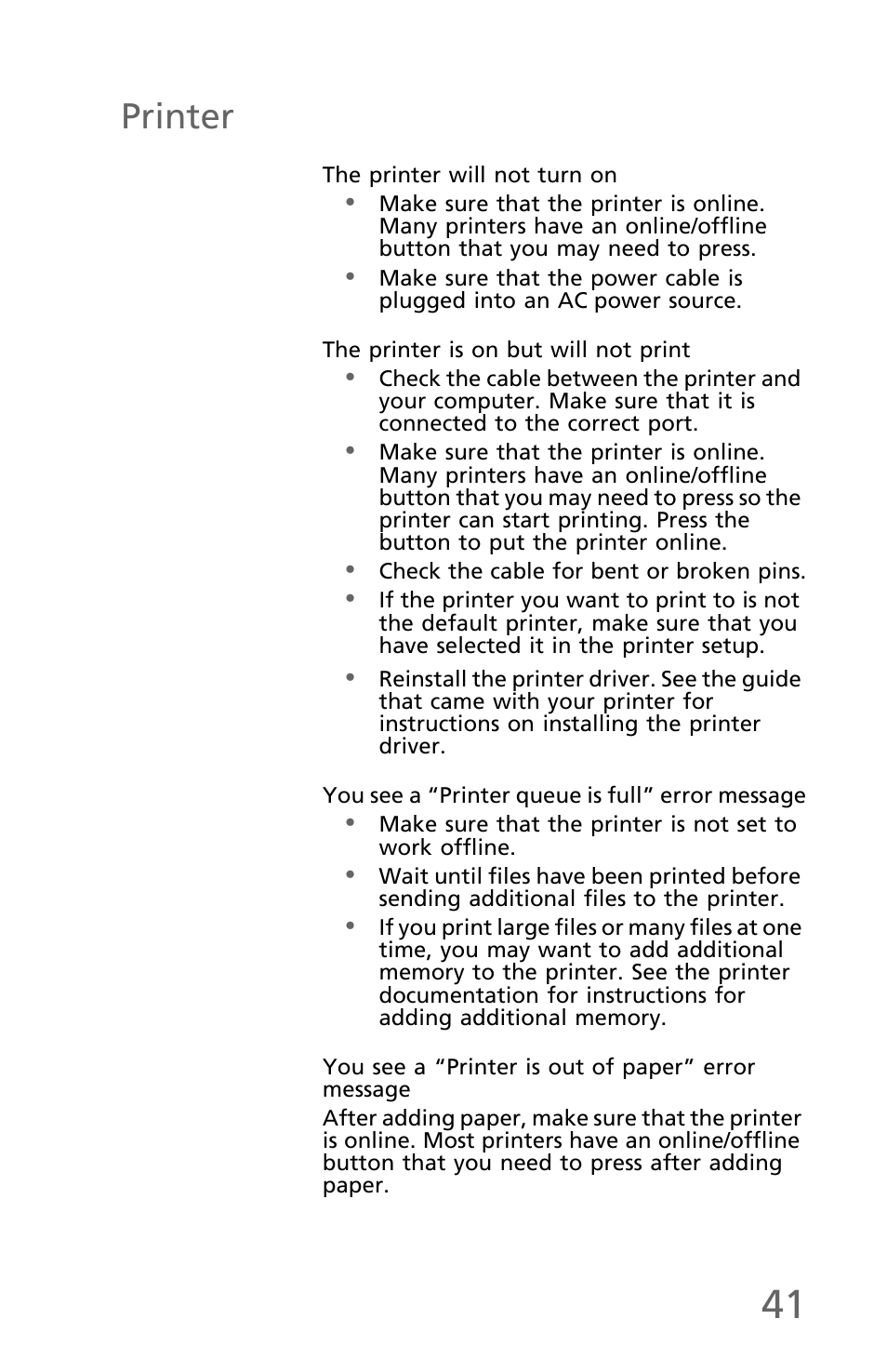 Printer, The printer will not turn on, The printer is on but will not print | You see a “printer queue is full” error message, You see a “printer is out of paper” error message | eMachines EM001 User Manual | Page 51 / 69