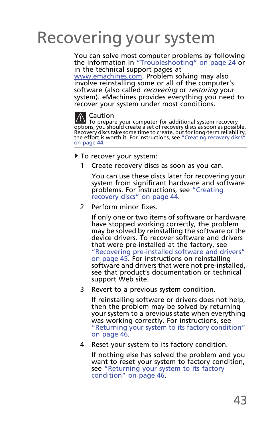 Recovering your system, To recover your system | eMachines EM001 User Manual | Page 53 / 69