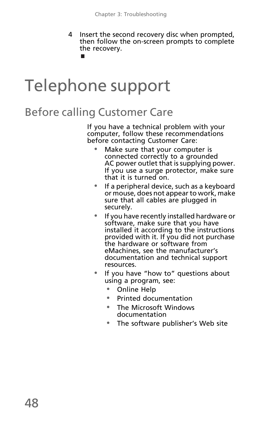 Telephone support, Before calling customer care | eMachines EM001 User Manual | Page 58 / 69