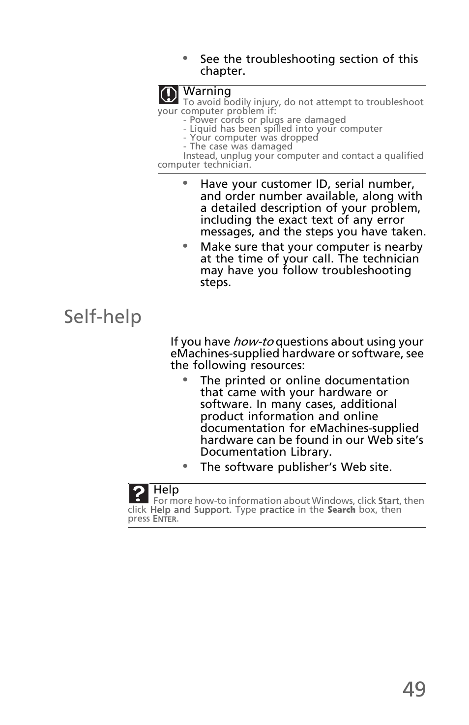 Self-help | eMachines EM001 User Manual | Page 59 / 69