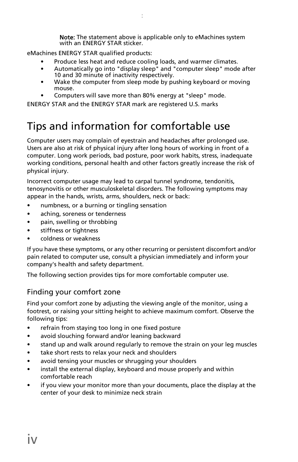 Tips and information for comfortable use | eMachines EM001 User Manual | Page 6 / 69