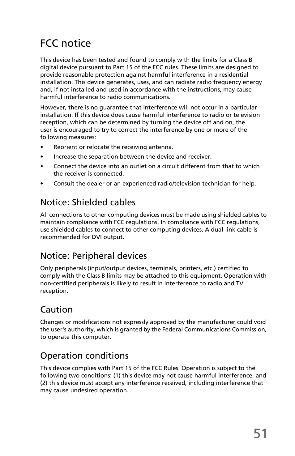 Fcc notice, Notice: shielded cables, Notice: peripheral devices | Caution, Operation conditions | eMachines EM001 User Manual | Page 61 / 69