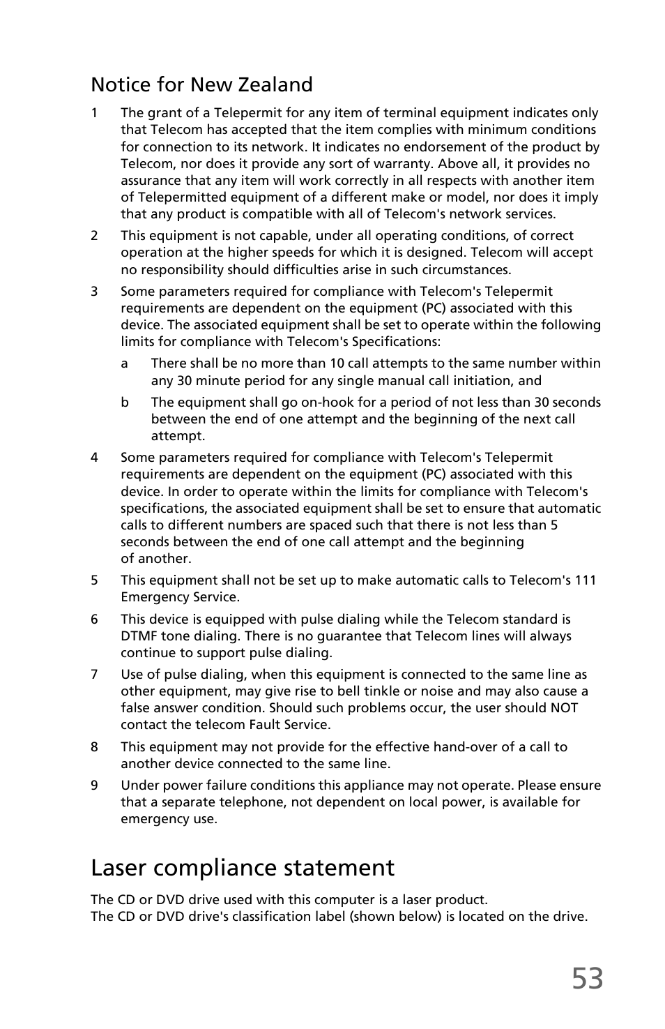 Laser compliance statement, Notice for new zealand | eMachines EM001 User Manual | Page 63 / 69