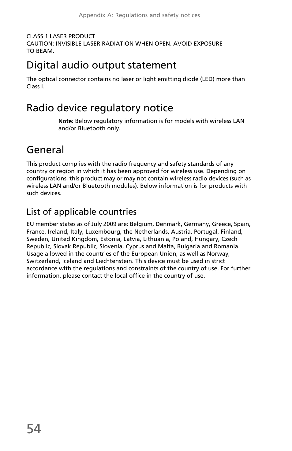 Digital audio output statement, Radio device regulatory notice, General | eMachines EM001 User Manual | Page 64 / 69