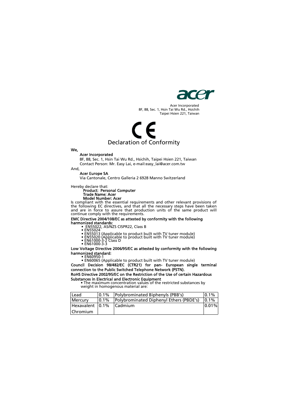 Declaration of conformity | eMachines EM001 User Manual | Page 65 / 69