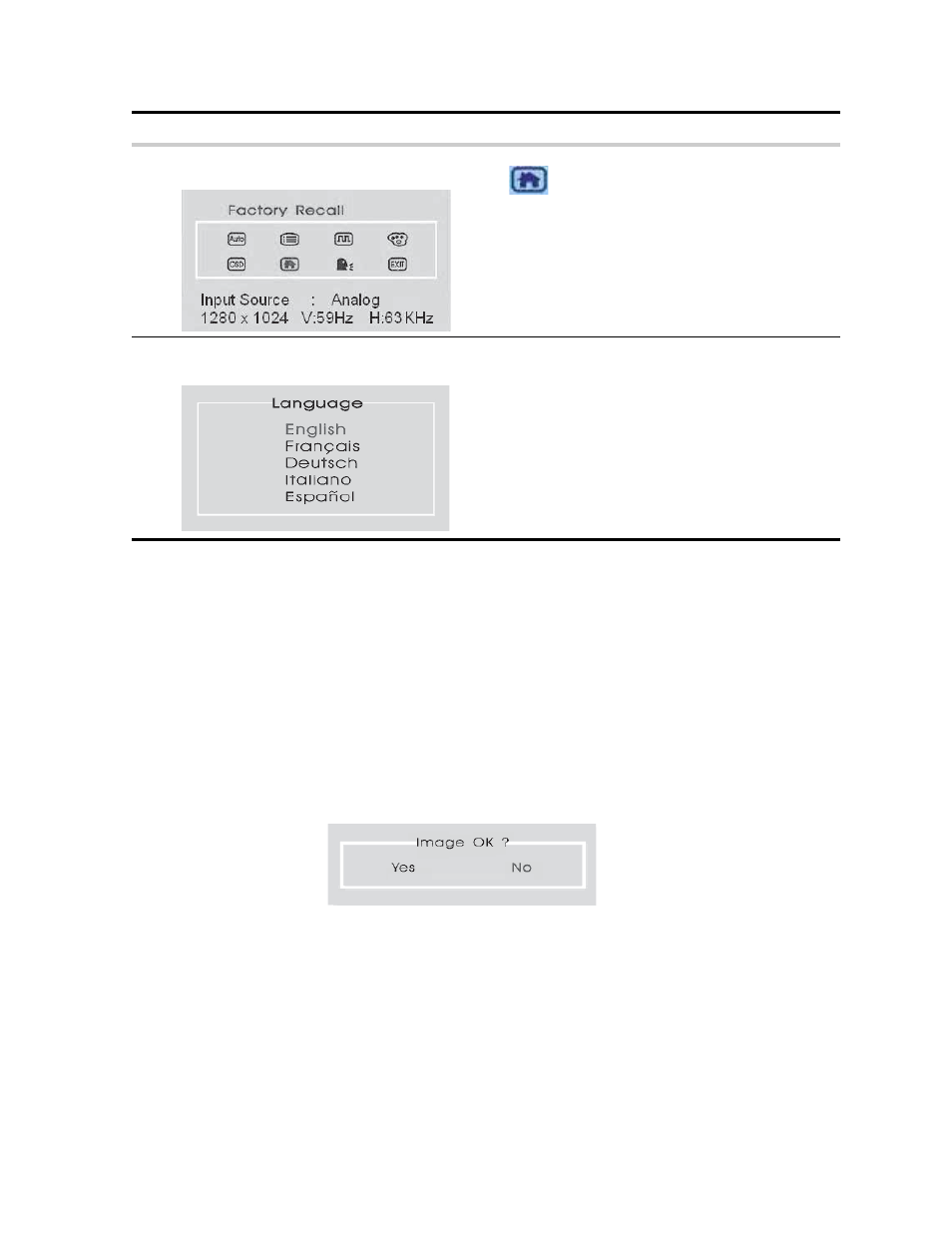 Using the direct keys, Auto setup by direct key, To use auto setup by direct key | Factory recall, Language menu | eMachines E216T5W User Manual | Page 12 / 26