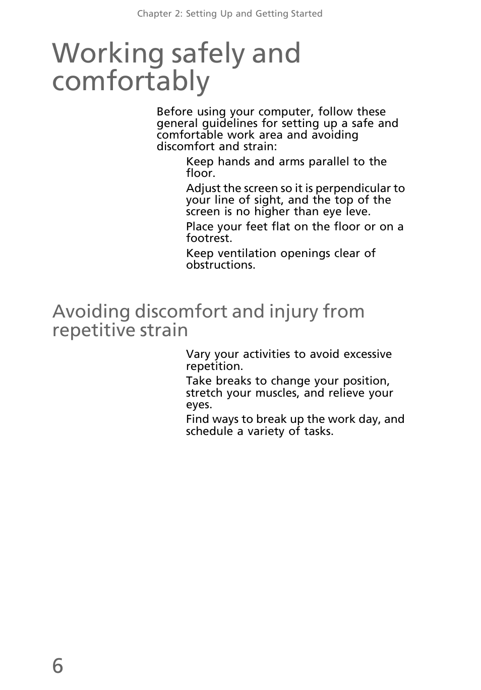 Working safely and comfortably, Avoiding discomfort and injury from repetitive, Strain | eMachines EL1300 User Manual | Page 16 / 80