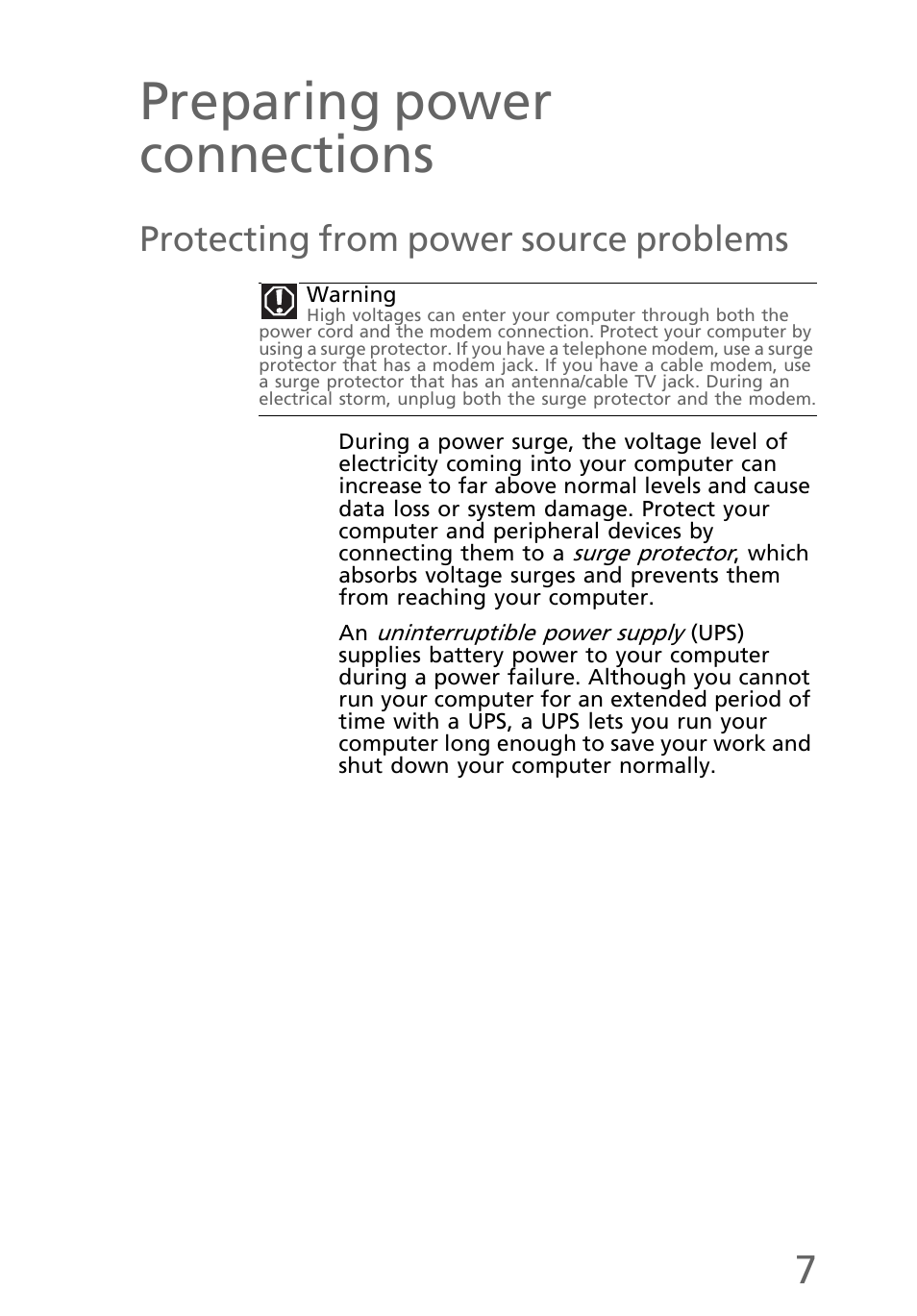 Preparing power connections, Protecting from power source problems | eMachines EL1300 User Manual | Page 17 / 80