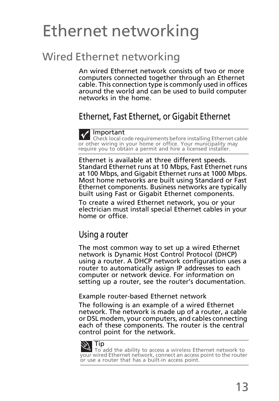 Ethernet networking, Wired ethernet networking, Ethernet, fast ethernet, or gigabit ethernet | Using a router, Example router-based ethernet network | eMachines EL1300 User Manual | Page 23 / 80