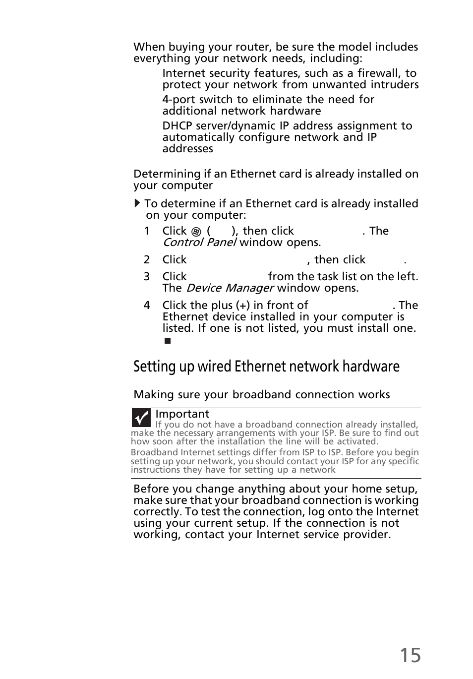 Setting up wired ethernet network hardware, Making sure your broadband connection works | eMachines EL1300 User Manual | Page 25 / 80