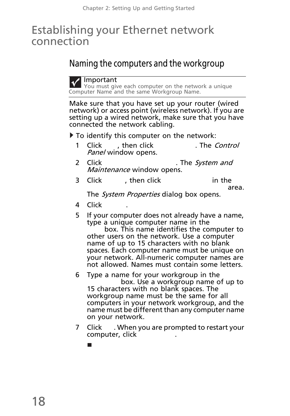 Establishing your ethernet network connection, Naming the computers and the workgroup, To identify this computer on the network | Establishing your ethernet network connection 18 | eMachines EL1300 User Manual | Page 28 / 80