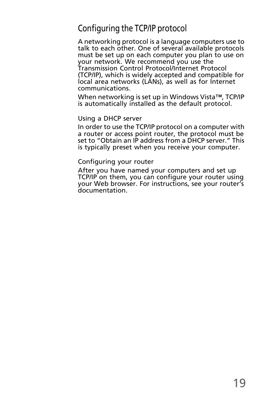 Configuring the tcp/ip protocol, Using a dhcp server, Configuring your router | eMachines EL1300 User Manual | Page 29 / 80