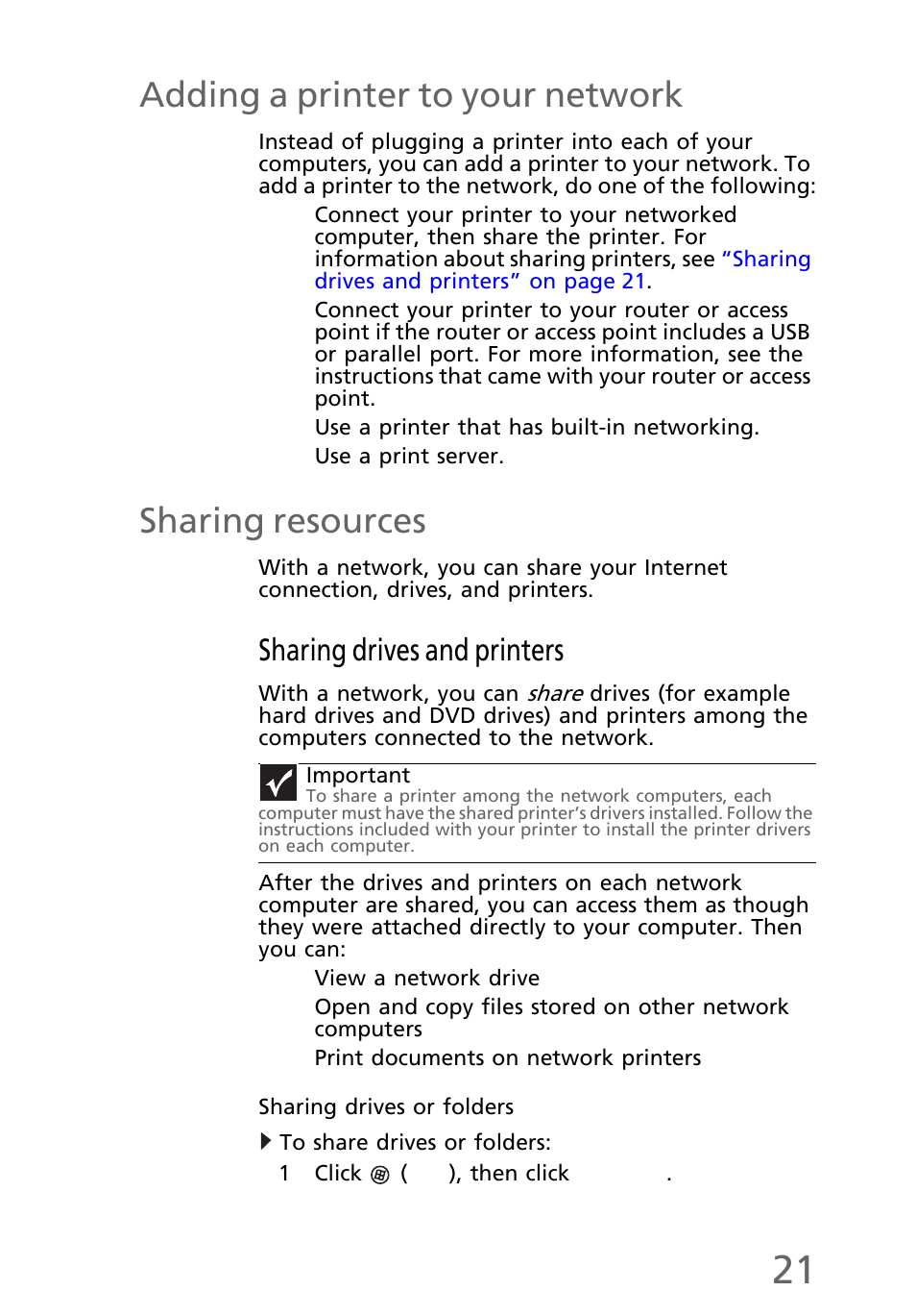 Adding a printer to your network, Sharing resources, Sharing drives and printers | Sharing drives or folders, To share drives or folders | eMachines EL1300 User Manual | Page 31 / 80