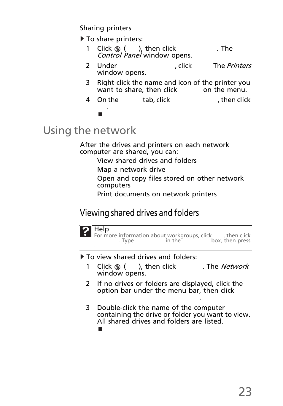 Sharing printers, To share printers, Using the network | Viewing shared drives and folders, To view shared drives and folders | eMachines EL1300 User Manual | Page 33 / 80