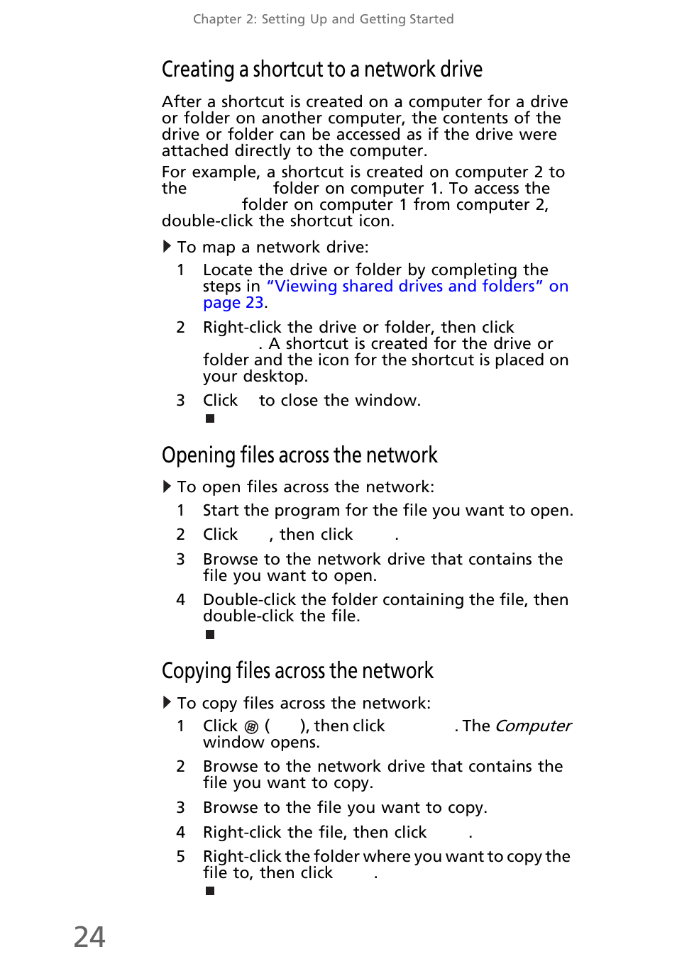 Creating a shortcut to a network drive, To map a network drive, Opening files across the network | To open files across the network, Copying files across the network, To copy files across the network | eMachines EL1300 User Manual | Page 34 / 80