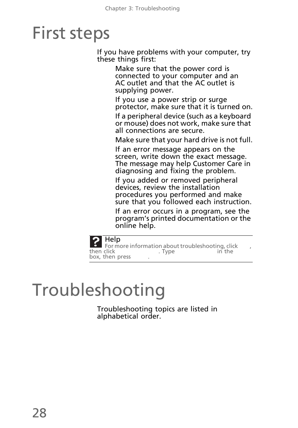 First steps, Troubleshooting | eMachines EL1300 User Manual | Page 38 / 80