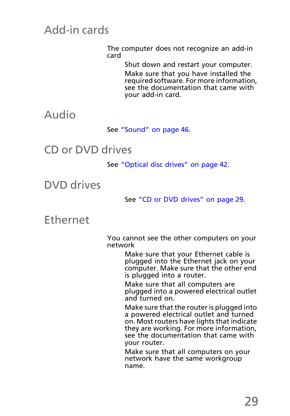 Add-in cards, The computer does not recognize an add-in card, Audio | Cd or dvd drives, Dvd drives, Ethernet, You cannot see the other computers on your network | eMachines EL1300 User Manual | Page 39 / 80