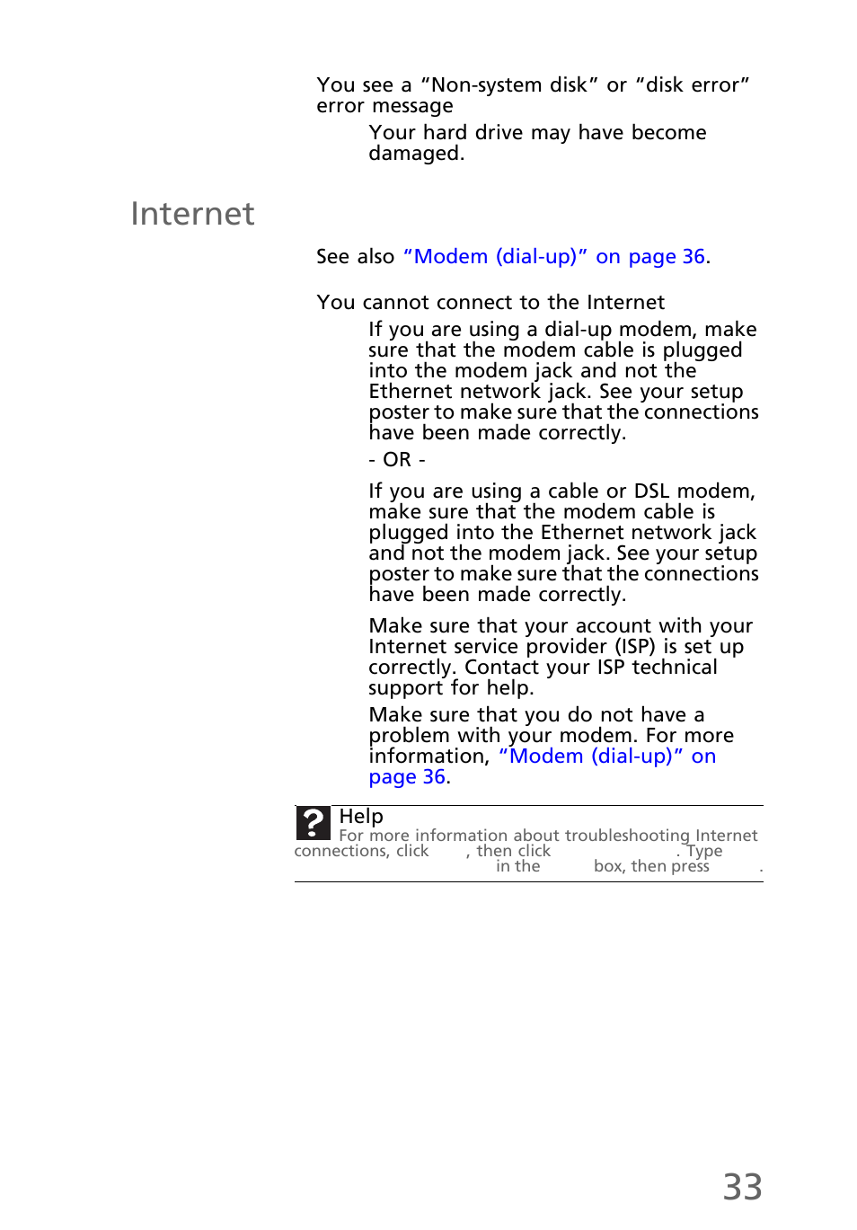 Internet, You cannot connect to the internet | eMachines EL1300 User Manual | Page 43 / 80