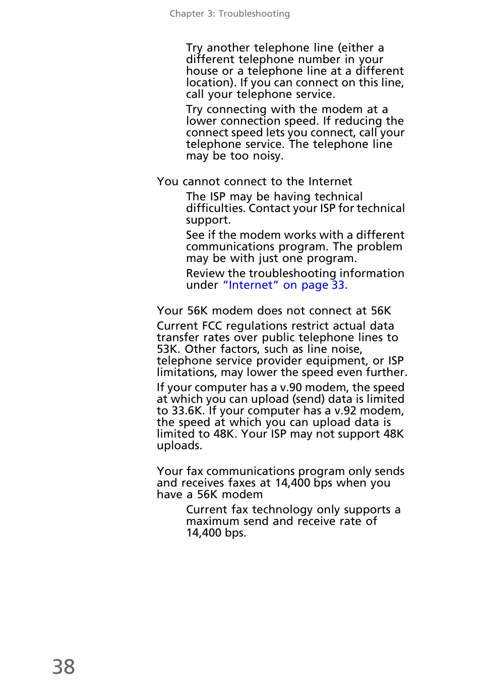 You cannot connect to the internet, Your 56k modem does not connect at 56k | eMachines EL1300 User Manual | Page 48 / 80