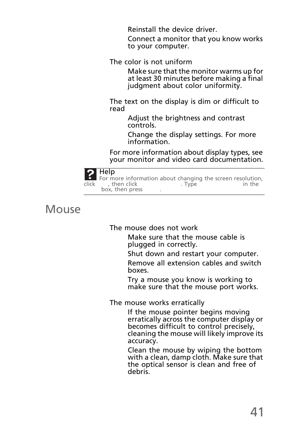 The color is not uniform, Mouse, The mouse does not work | The mouse works erratically | eMachines EL1300 User Manual | Page 51 / 80