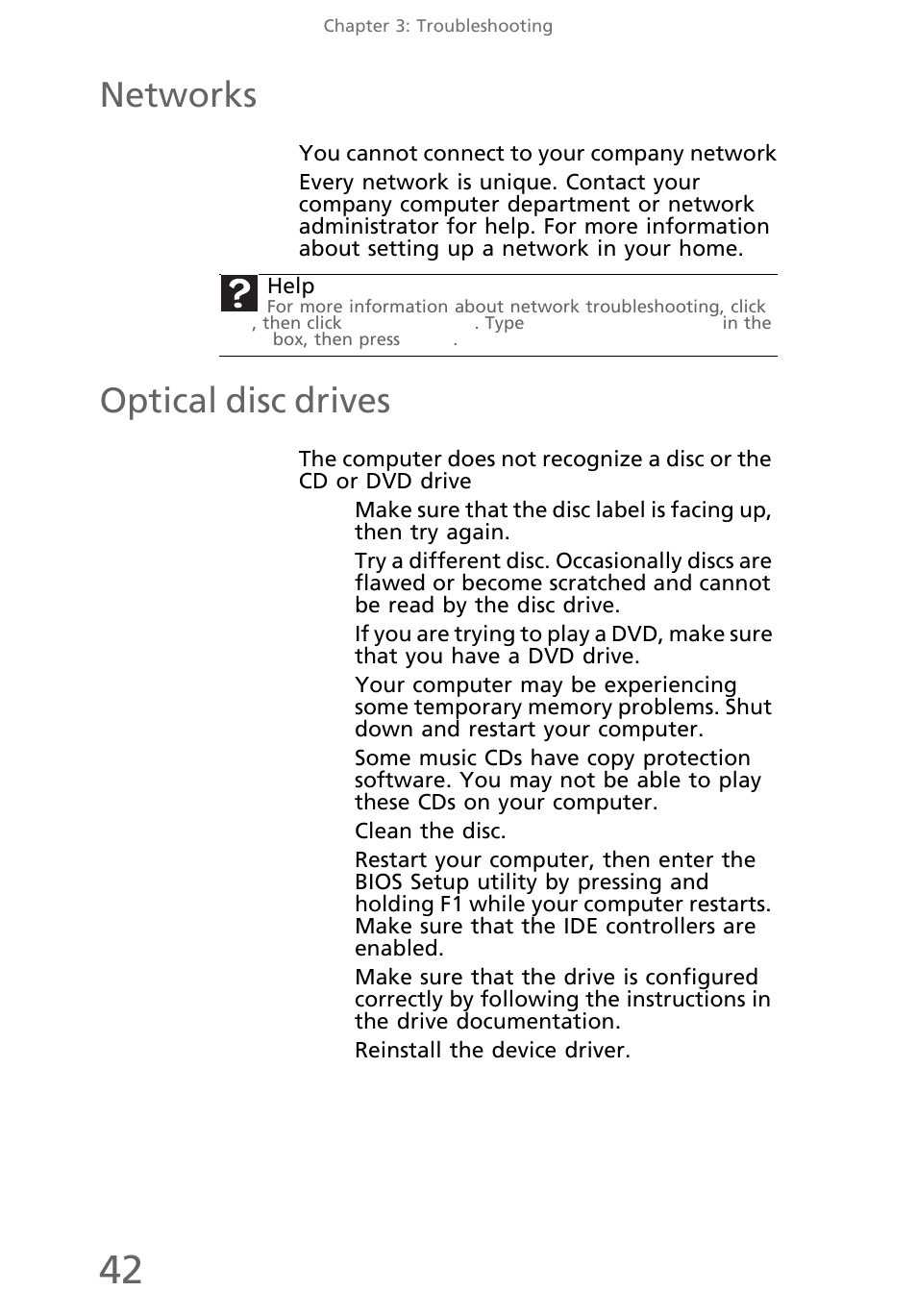 Networks, You cannot connect to your company network, Optical disc drives | eMachines EL1300 User Manual | Page 52 / 80