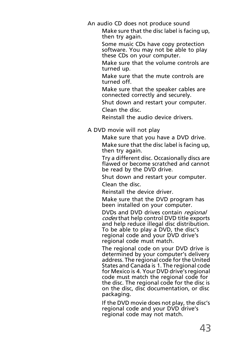 An audio cd does not produce sound, A dvd movie will not play | eMachines EL1300 User Manual | Page 53 / 80