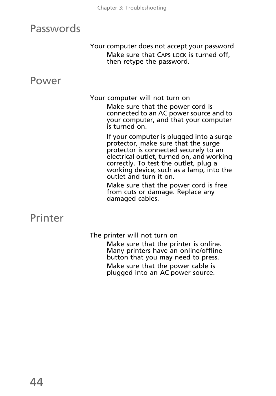 Passwords, Your computer does not accept your password, Power | Your computer will not turn on, Printer, The printer will not turn on | eMachines EL1300 User Manual | Page 54 / 80