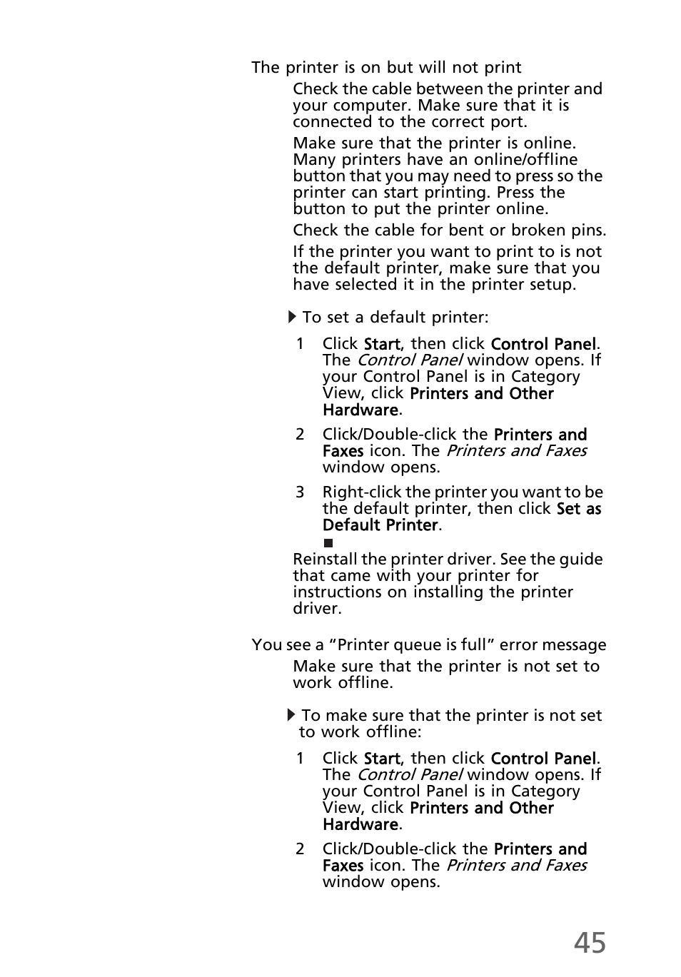 The printer is on but will not print, To set a default printer, You see a “printer queue is full” error message | eMachines EL1300 User Manual | Page 55 / 80