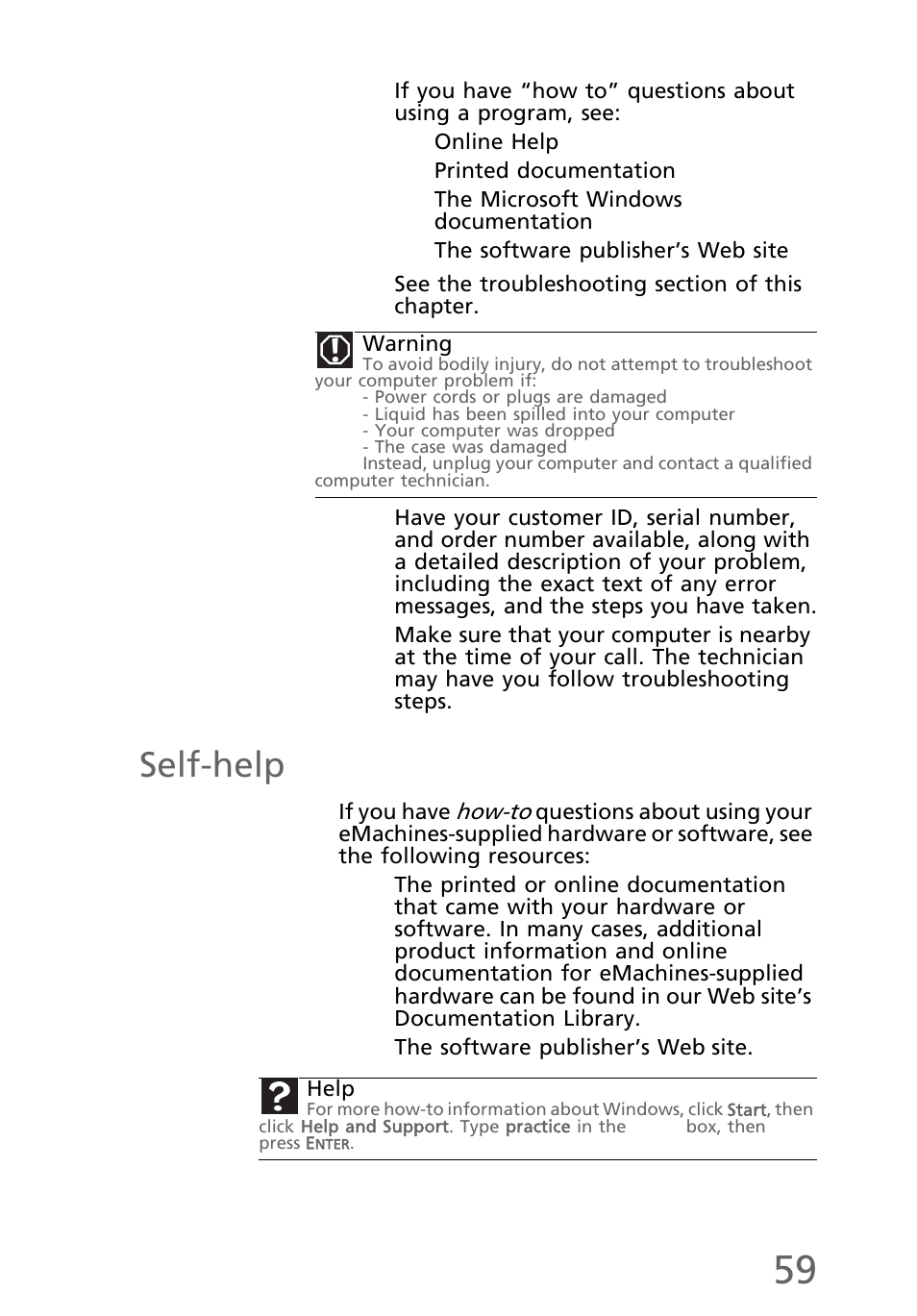 Self-help | eMachines EL1300 User Manual | Page 69 / 80